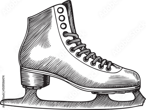 single ice skate rests on a smooth reflective surface.