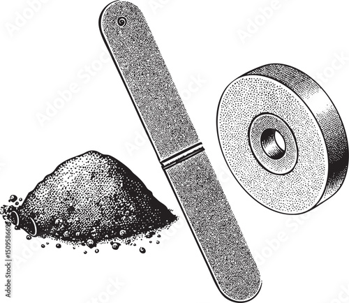 textured nail file rests beside a pile of dark gray sand.