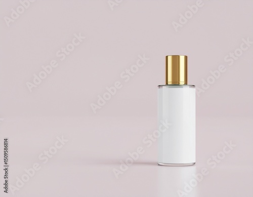 Perfume advertisement, luxury and minimalism: Luxury fragrance with gold cap, minimal white background.