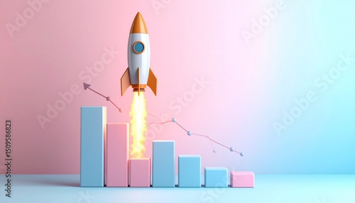 A detailed rocket launches above the bar graph, resembling a real rocket launch into space.

