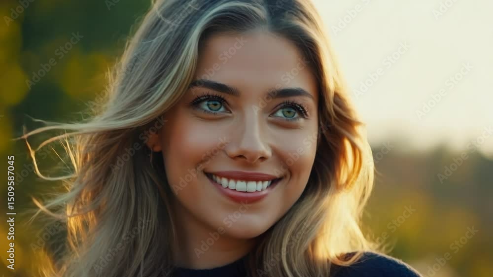 Golden Glow: Close-Up of Smiling Woman at Sunset Golden Glow: Close-Up of Smiling Woman at Sunset