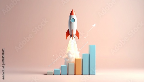 A detailed rocket launches above the bar graph, resembling a real rocket launch into space.
