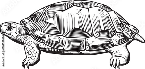 detailed black and white of a turtle moving across a plain.