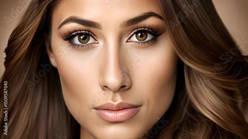 Wallpaper Mural Serene beautiful woman with brunette hair posing on solid mocha mousse background. Trendy color of 2025 year Torontodigital.ca