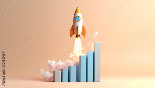 A detailed rocket launches above the bar graph, resembling a real rocket launch into space.

