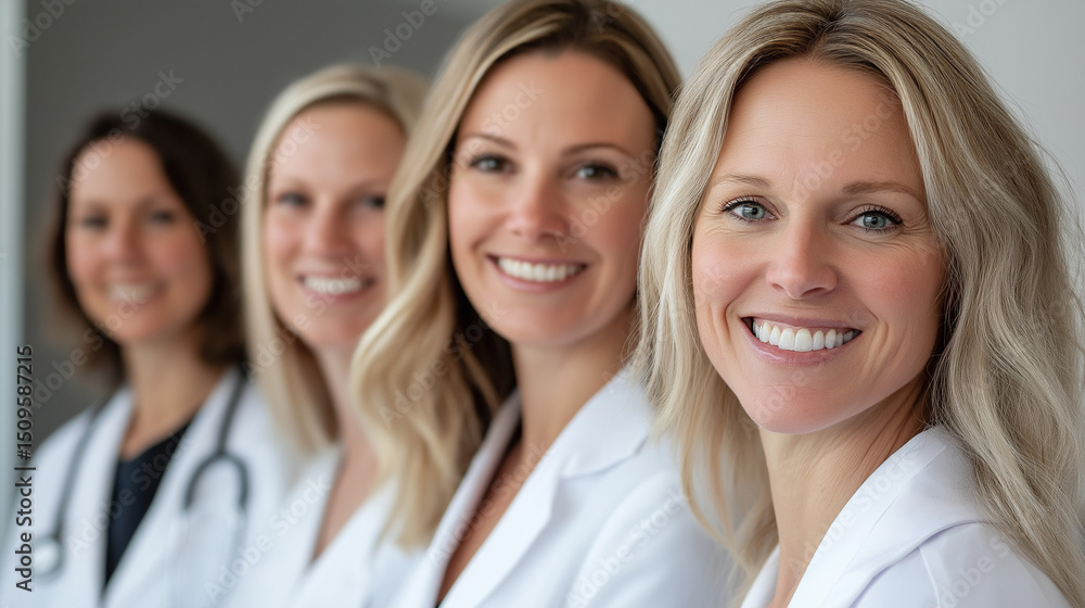 A group of smiling women in white lab coats,generative ai A group of smiling women in white lab coats,generative ai