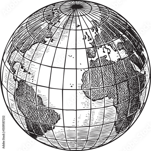 detailed black and white of a spherical globe.