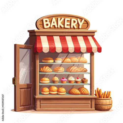 Bakery shop display case with bread croissants and cupcakes vector illustration for pastry shop design