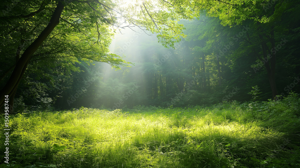 Obraz premium A lush green field with sunlight shining through the leaves