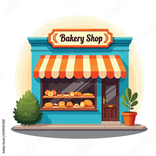 Bakery shop front cartoon illustration with awning and baked goods for local business promotion use