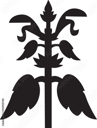 stylized black silhouette of a flowering plant rises vertically against a white background.