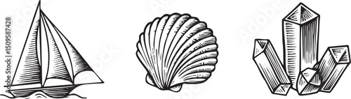 sailing vessel a seashell and crystalline formations are depicted in a stylized .