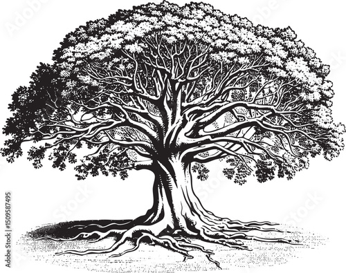 majestic ancient tree stands tall with expansive branches against a dark background.