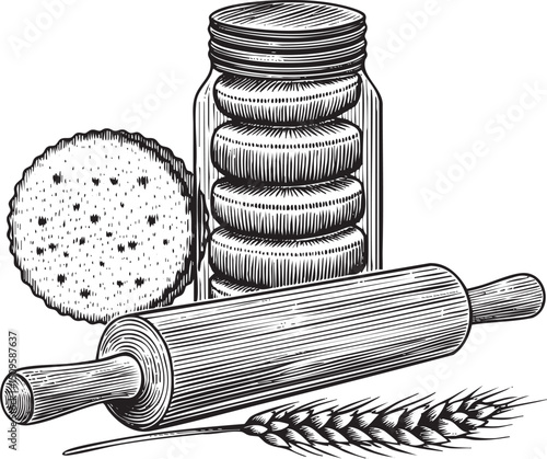 jar of cookies sits beside a rolling pin and a single biscuit.