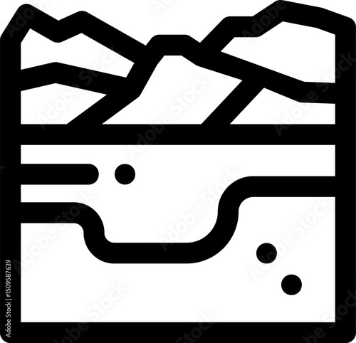 Simple outline of a crosssection of land showing mountains, a river, and underground water sources, representing earth science.