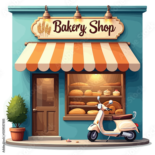 Bakery shop illustration with scooter and bread display for online advertising and social media posts