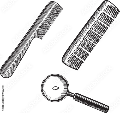 black comb and magnifying glass are arranged on a white background.