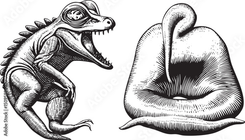 stylized dinosaur lunges towards a coiled serpent in a detailed engraving.