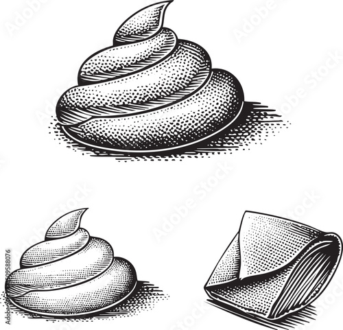 Two stylized textured pastries rest on a white surface.