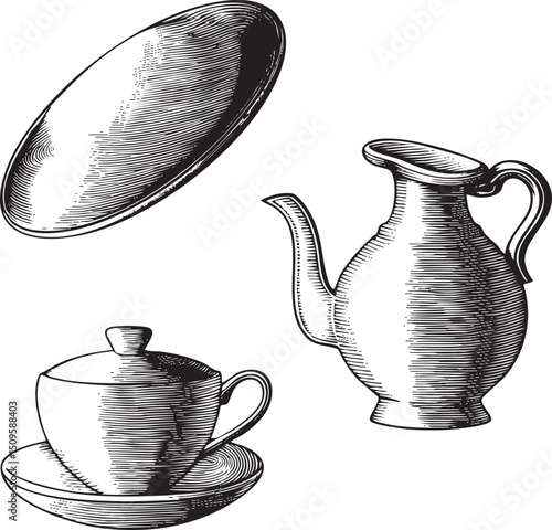 ceramic plate and teapot rest on a decorative saucer presented in a detailed style.