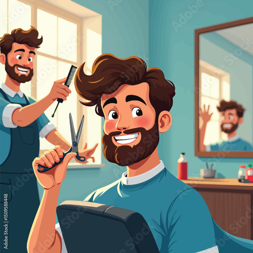 Cartoon barbershop scene showing man getting haircut and reflection in mirror happy with service