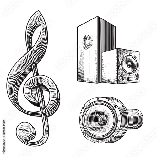 stylized engraving depicts a musical note a speaker cabinet and a loudspeaker.