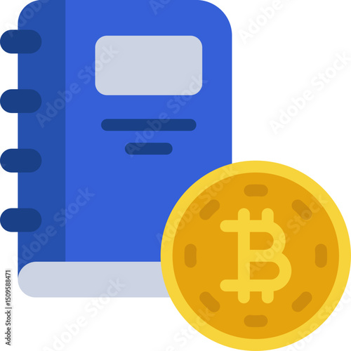 Bitcoin coin rests against a blue notebook on a white surface, symbolizing cryptocurrency record keeping and digital finance management.
