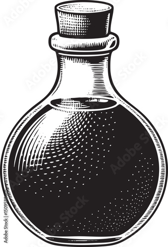 dark glass bottle with a cork stopper stands upright on a white surface.