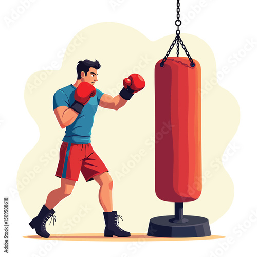 Man boxing training workout punching bag illustration fitness sport exercise gym martial arts strong athlete