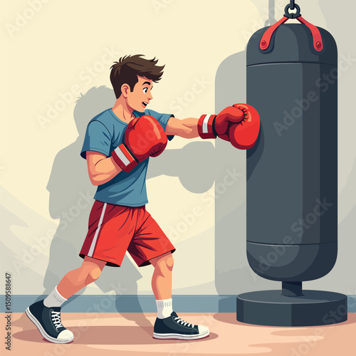 Boxing training with punching bag illustration for fitness and sports activities at the gym or home workout