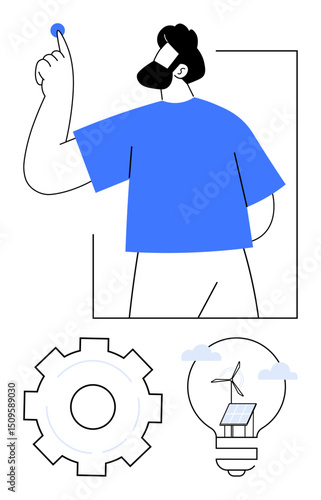 Bearded man pointing upward, gear symbolizing settings or process, light bulb with wind turbine and solar panel reflecting renewable energy. Ideal for innovation, technology, sustainability, idea