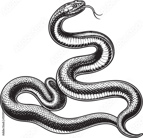 detailed black and white of a coiled serpent.