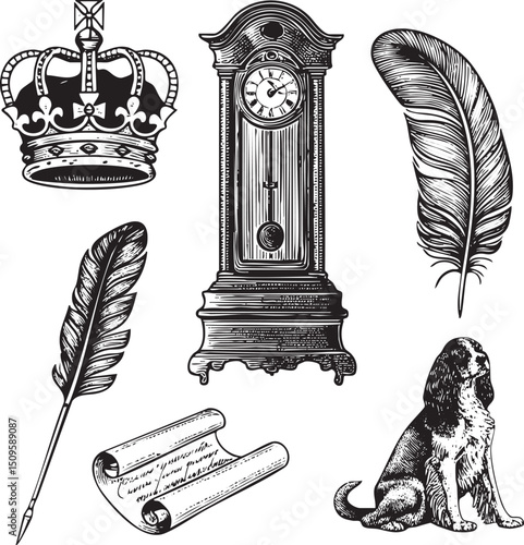 regal crown a vintage clock and a feathered quill rest alongside a loyal dog.