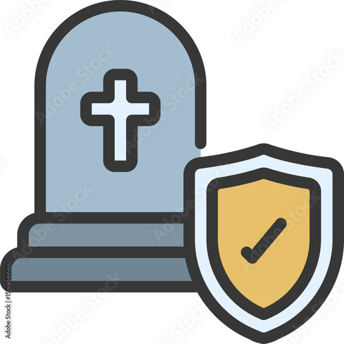 Gravestone stands protected by a shield with a checkmark, symbolizing security and peace of mind regarding endoflife planning and legacy preservation.