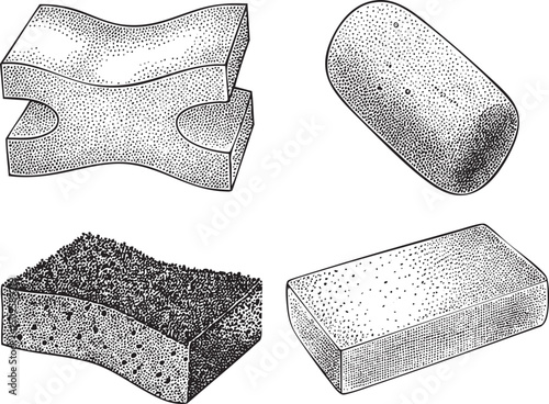 Four textured sponges are displayed in a grid arrangement.