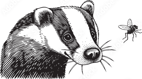 badger cautiously observes a fly approaching its face.