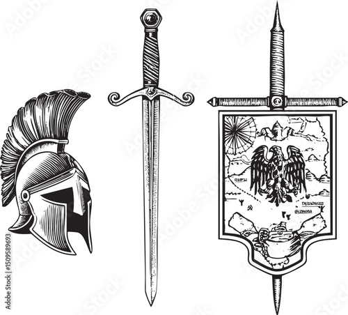 warrior’s helmet and sword stand alongside a heraldic shield depicting an eagle.