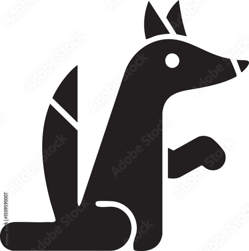 stylized black fox sits attentively gazing forward.