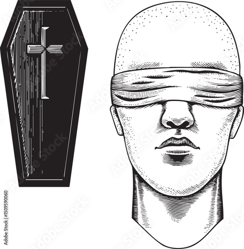 blindfolded man stands beside a dark wooden coffin.