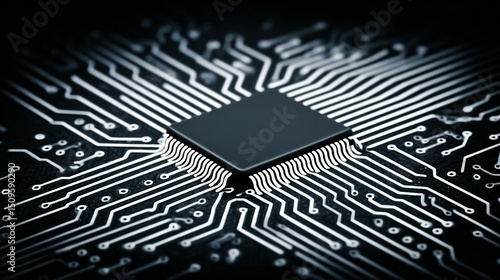 Close-up view of a microchip on a circuit board.