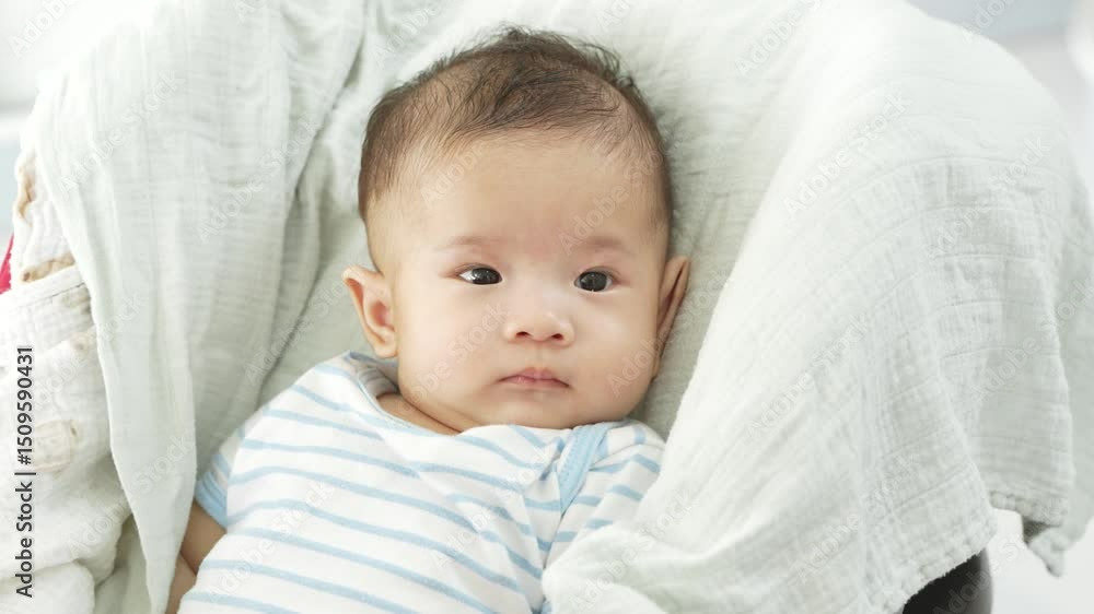 Asian curious 3-month-old baby infant with dark hair looks upwards, nestled comfortably in a red and black stroller indoors, wrapped in a light blanket. Asian curious 3-month-old baby infant with dark hair looks upwards, nestled comfortably in a red and black stroller indoors, wrapped in a light blanket.