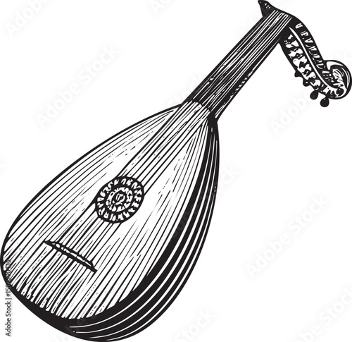black and white oud rests on a dark surface.