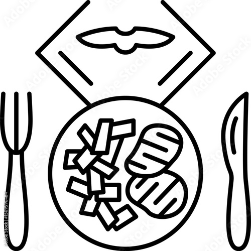 Dinner plate holding grilled meat and fries sits on table with napkin, ready to be eaten in restaurant, creating anticipation.