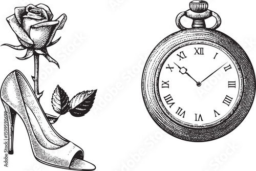 delicate rose rests beside a vintage ornate timepiece.