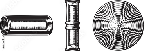Three cylindrical objects arranged in a linear composition.