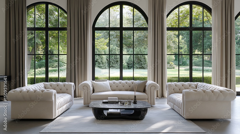 Fototapeta premium Light cream tufted armchairs and sofa set in a modern living room.