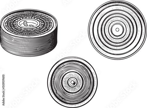 Three circular wooden discs are arranged in a stacked formation.