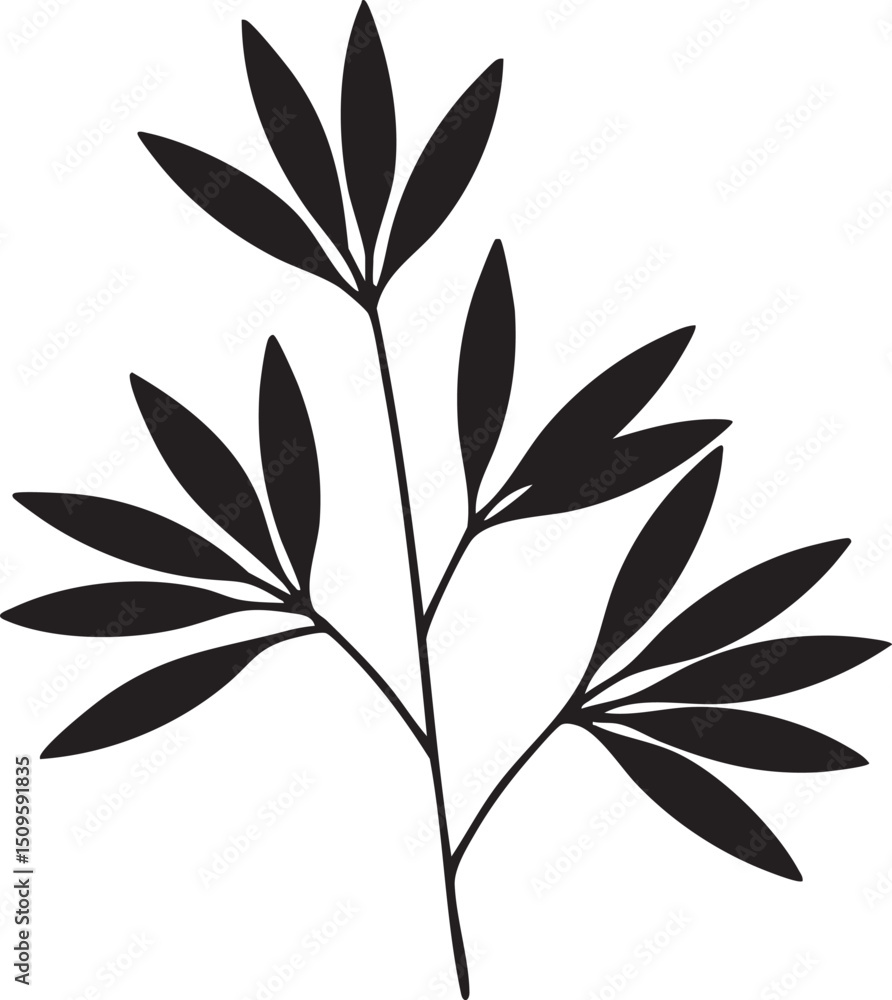 Naklejka premium slender branch displays delicate dark leaves against a white background.