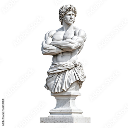 Powerful digital sculpture of a muscular man in Greek style with arms crossed, exuding confidence, strength, and classical beauty. transparent background PNG