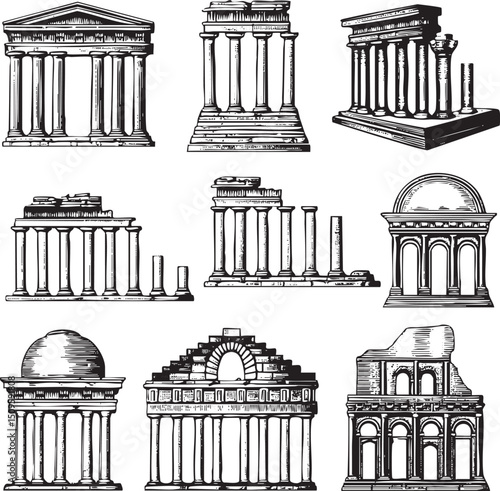 Nine black and white architectural drawings depict various classical columns and temple structures.
